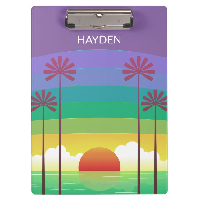 Retro Purple Sunset Palm Trees Art Personalised Clipboard (Front)