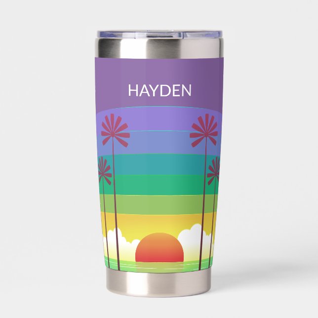 Retro Purple Sunset Palm Trees Art Personalised Insulated Tumbler (Front)