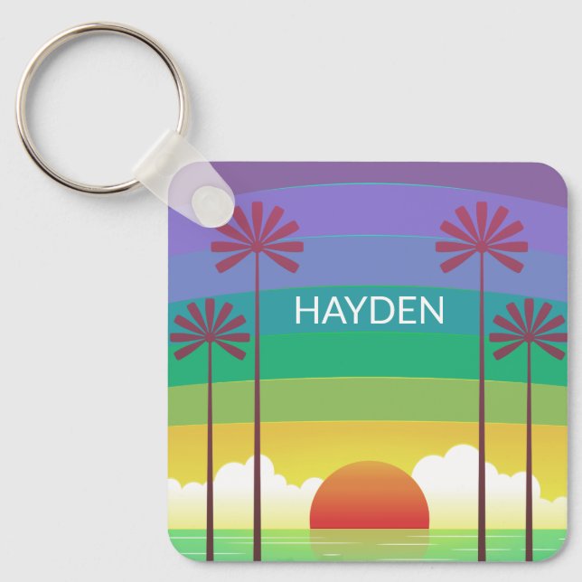 Retro Purple Sunset Palm Trees Art Personalised Keychain (Front)