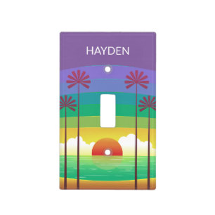 Retro Purple Sunset Palm Trees Art Personalised Light Switch Cover