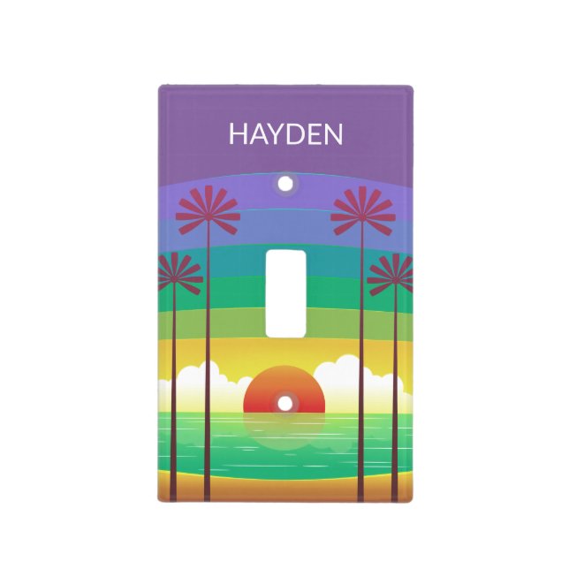 Retro Purple Sunset Palm Trees Art Personalised Light Switch Cover (Front)