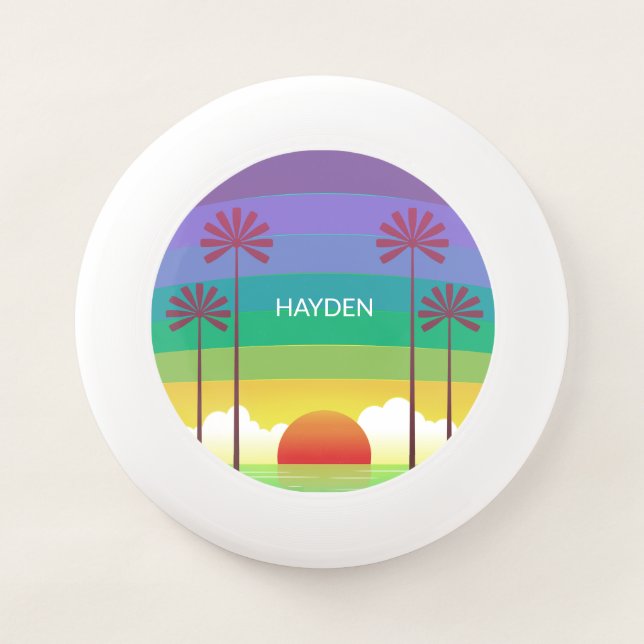 Retro Purple Sunset Palm Trees Art Personalised Wham-O Frisbee (Front)