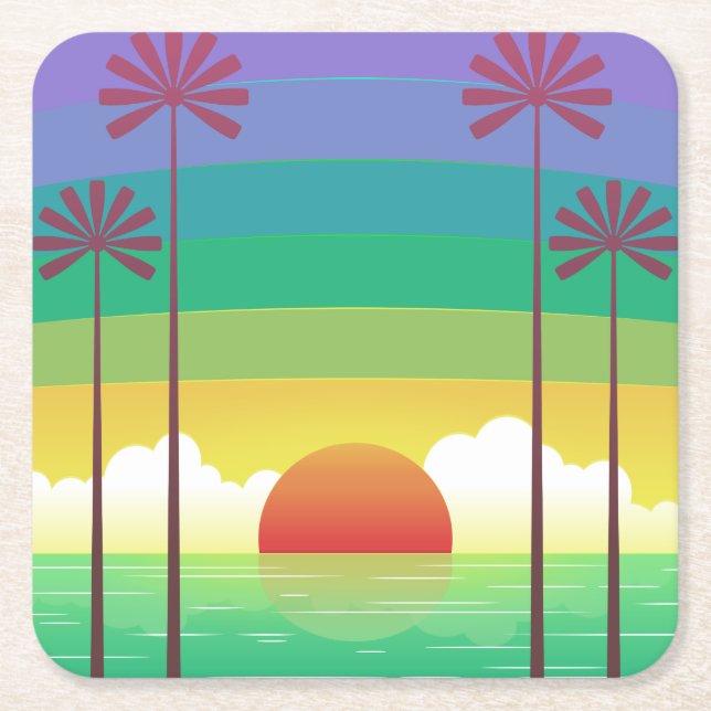 Retro Purple Sunset Palm Trees Art Square Paper Coaster (Front)