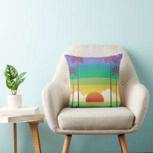 Retro Purple Sunset Palm Trees Art Throw Pillow