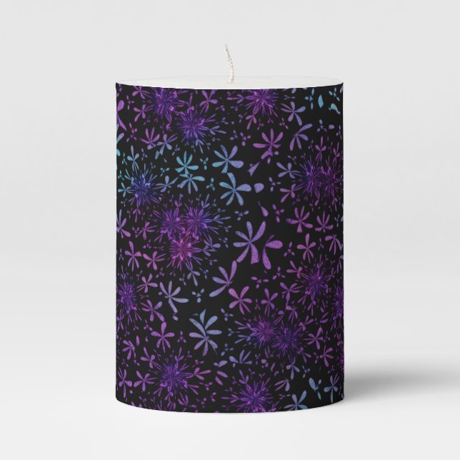Retro Purple Turquoise Floral Batik Pillar Candle (Front)