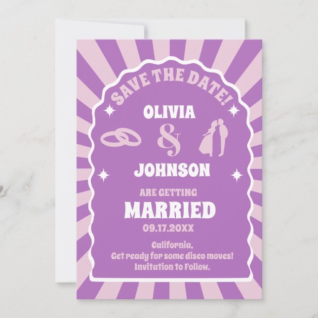 Retro purple wavy curve arch photo wedding save the date (Front)