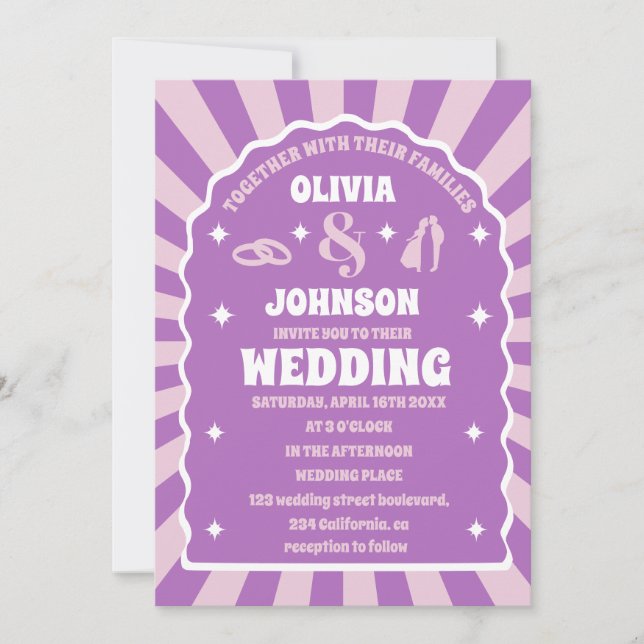 Retro purple wavy curve arch wedding photo invitation (Front)