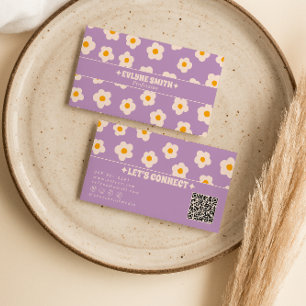 Retro Purple White QR Code Groovy Floral Trendy Business Card
