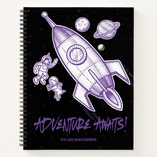 Retro Purple White Space Travel Rocket Astronaut Notebook