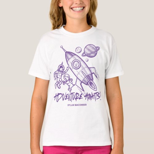 Retro Purple White Space Travel Rocket Astronaut T_Shirt