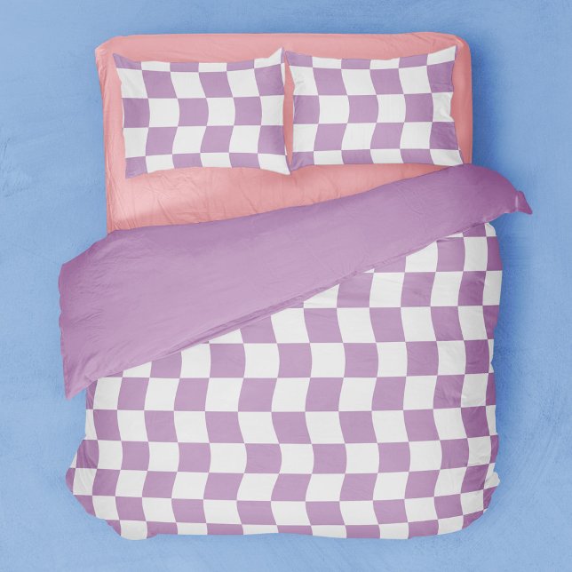 Retro Purple White Wavy Checkerboard Duvet Cover (Creator Uploaded)