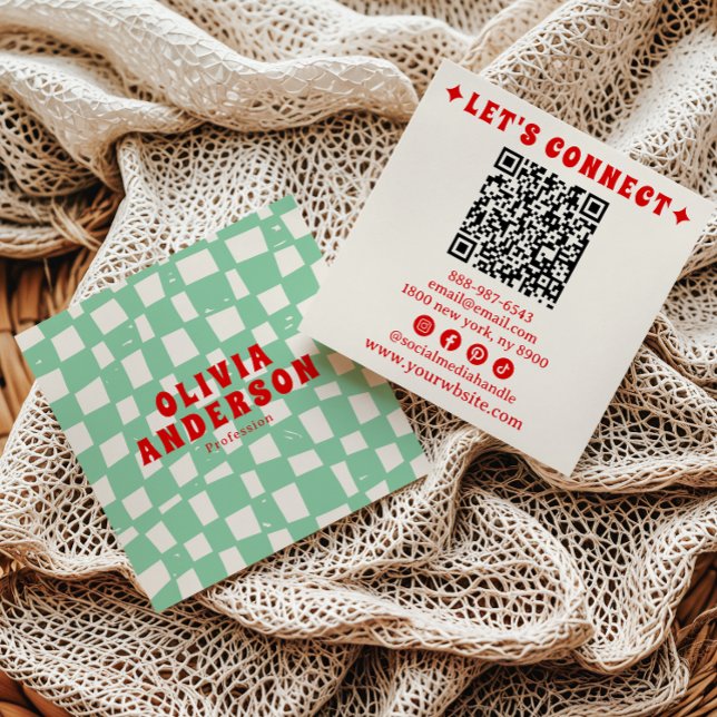 Retro QR Code Groovy Checkered Boho Trendy Unique Square Business Card (Creator Uploaded)