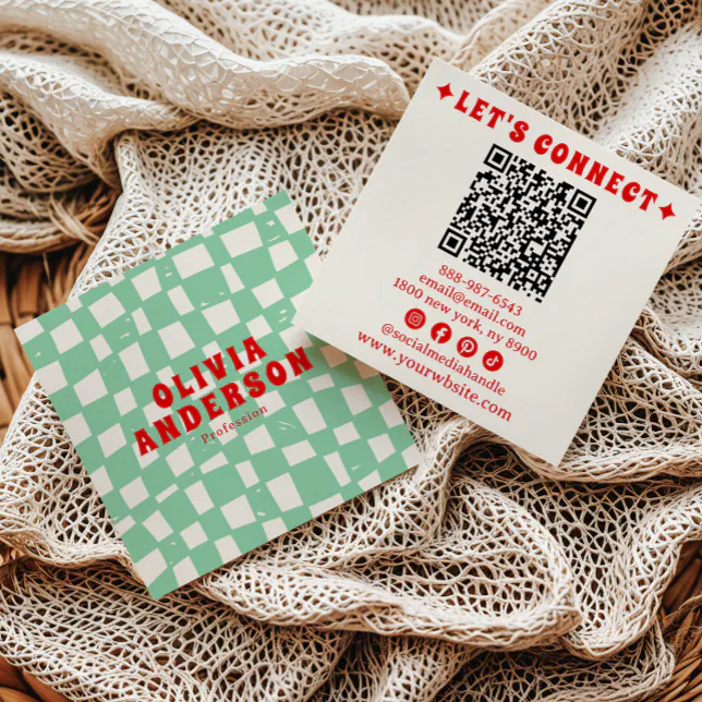 Retro QR Code Groovy Checkered Boho Trendy Unique Square Business Card
