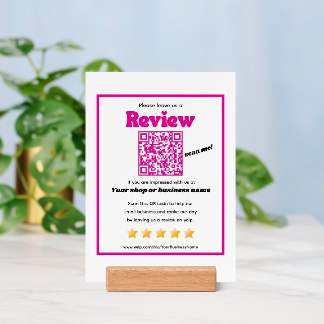 Retro QR code 'leave us a review' YELP pink print Holder (Insitu 3)