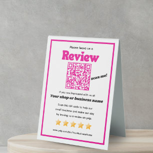 Retro QR code 'leave us a review' YELP pink Table Tent