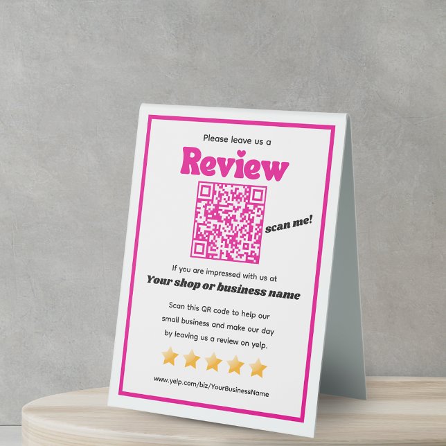 Retro QR code 'leave us a review' YELP pink Table Tent (Creator Uploaded)