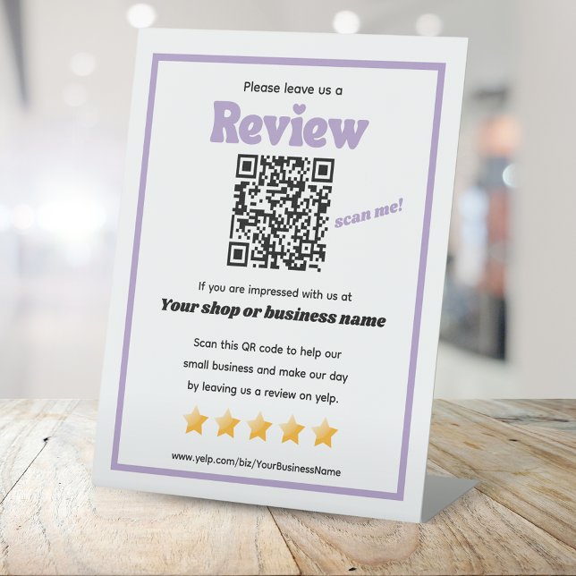 Retro QR code 'leave us a review' YELP purple Pedestal Sign (Creator Uploaded)