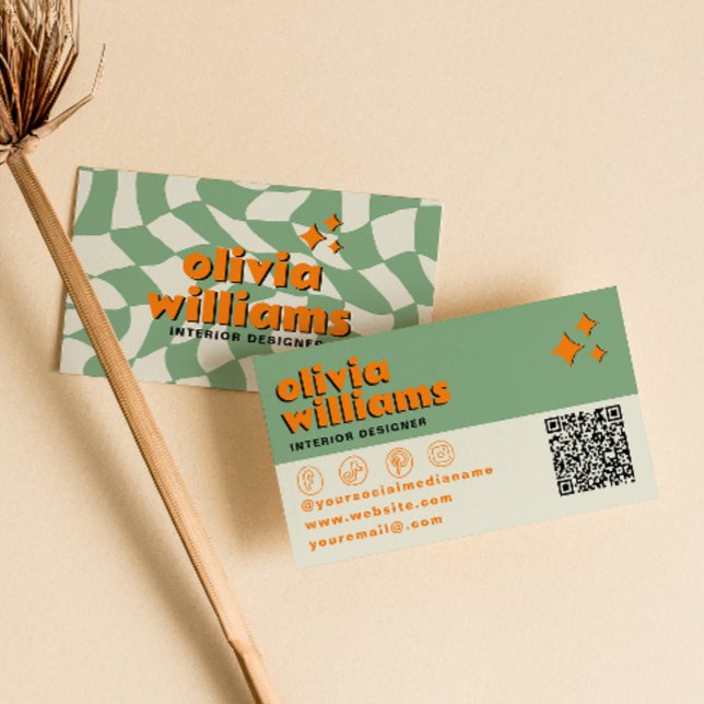 Retro QR Code Psychedelic Groovy Checkered Unique  Business Card (Creator Uploaded)
