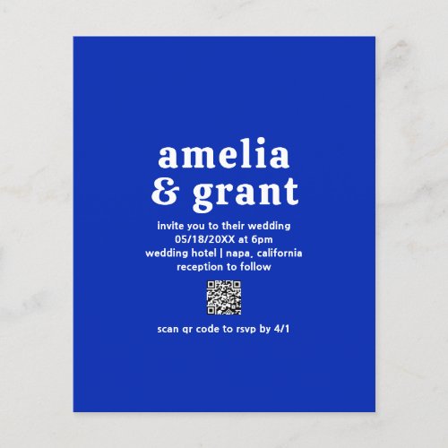 Retro QR Code Royal Blue Budget Wedding Invitation