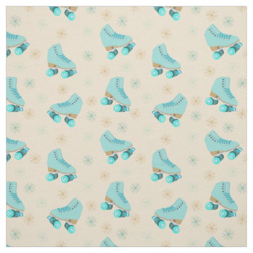 Retro Quad Roller Skates Teal and Tan Patterned Fabric