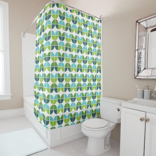 Retro Quarter Blue Green Shower Curtain (In Situ)