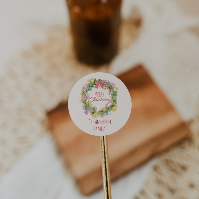 Retro Quirky Colorful Christmas Bow Wreath  Classic Round Sticker (Creator Uploaded)