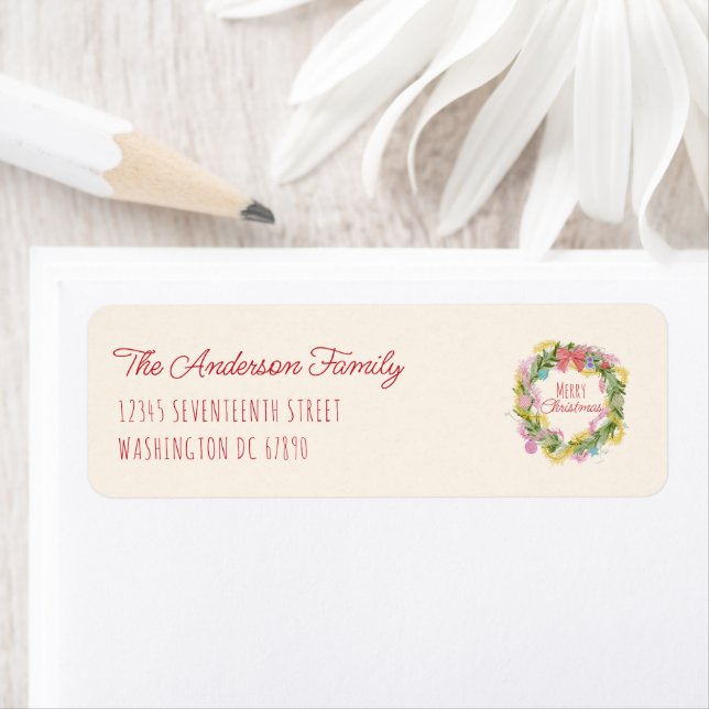 Retro Quirky Colorful Christmas Bow Wreath Label (Insitu)