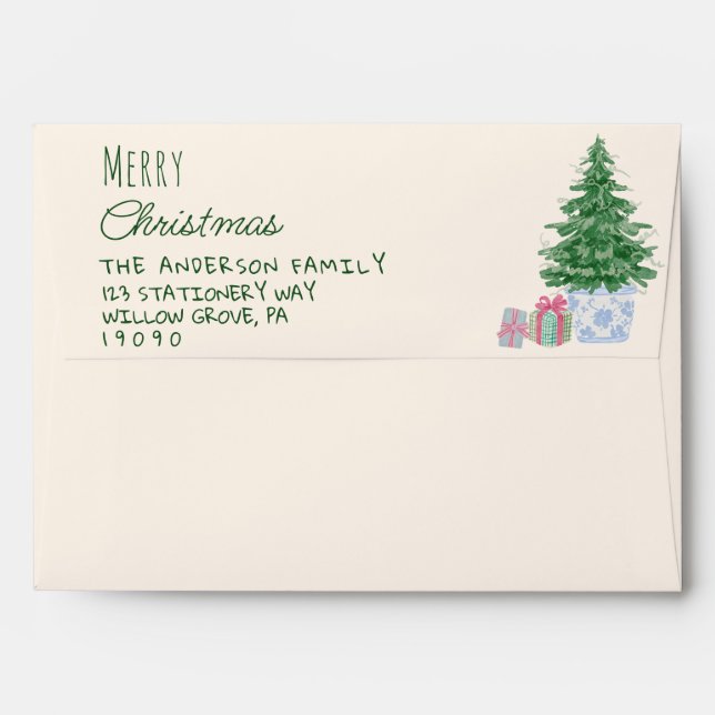 Retro Quirky Colorful Christmas Tree Presents Envelope (Back (Top Flap))