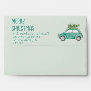 Retro Quirky Green Merry Christmas Car Truck Tree Envelope