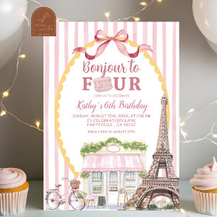 Retro Quirky Paris Bonjour 4th Birthday Invitation