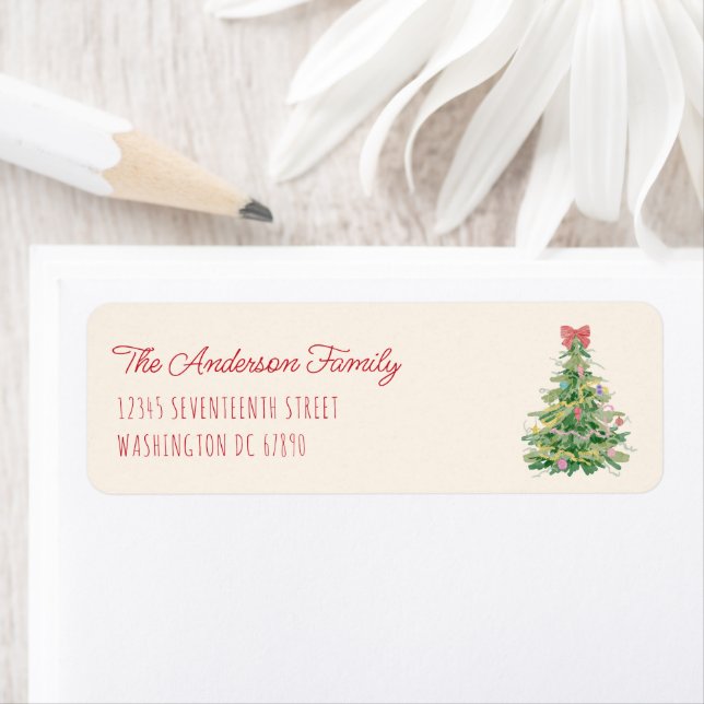 Retro Quirky Red Green Christmas Fun Bow Tree  Label (Insitu)