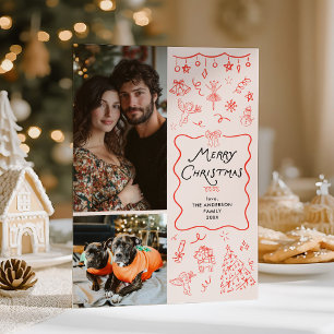 Retro Quirky Red Hand Drawn Merry Christmas Photo Holiday Card