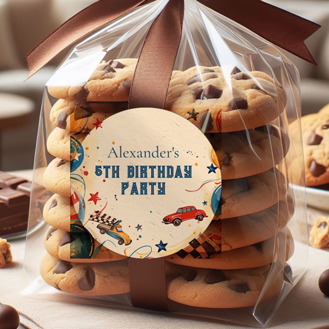 Retro Race Car Birthday Party Classic Round Sticker (Creator Uploaded)