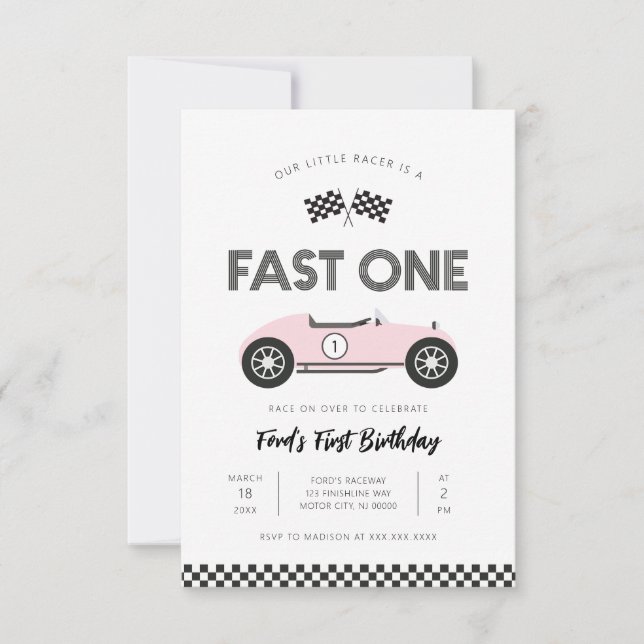 Retro Race Car Fast One First Birthday Invitation (Front)