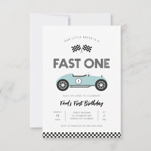 Retro Race Car Fast One First Birthday Invitation (Front)