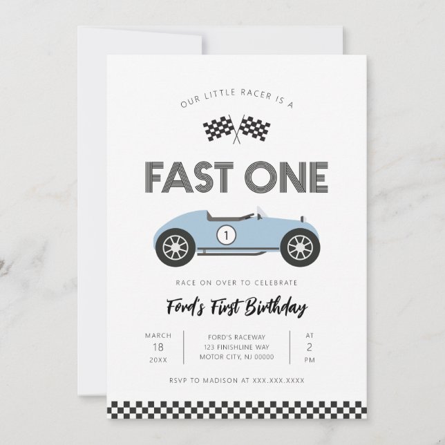 Retro Race Car Fast One First Birthday Invitation (Front)