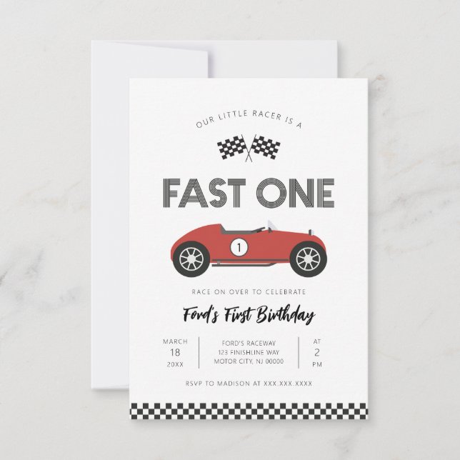 Retro Race Car Fast One First Birthday Invitation (Front)