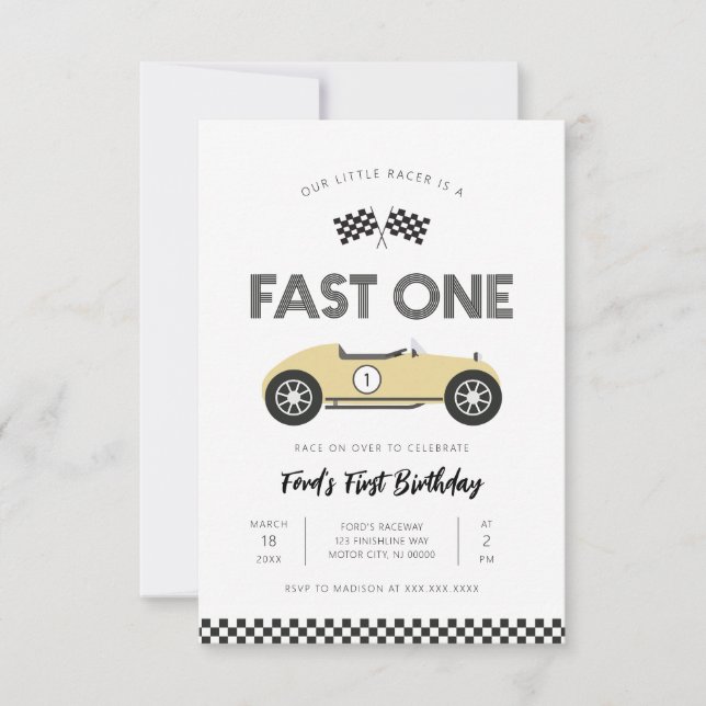 Retro Race Car Fast One First Birthday Invitation (Front)