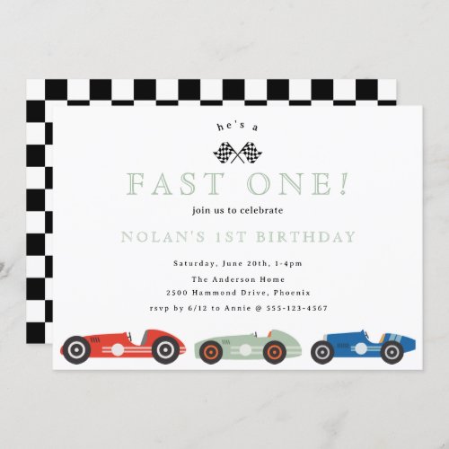 Retro Race Car Fast One Theme Birthday Invitation