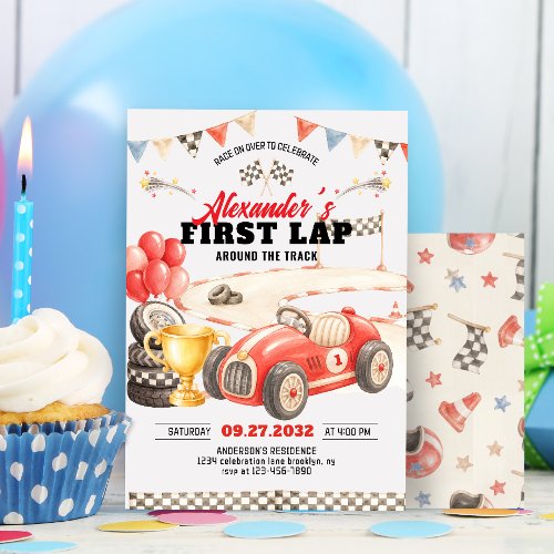 Retro Race Car First Lap Around the Track Birthday Invitation