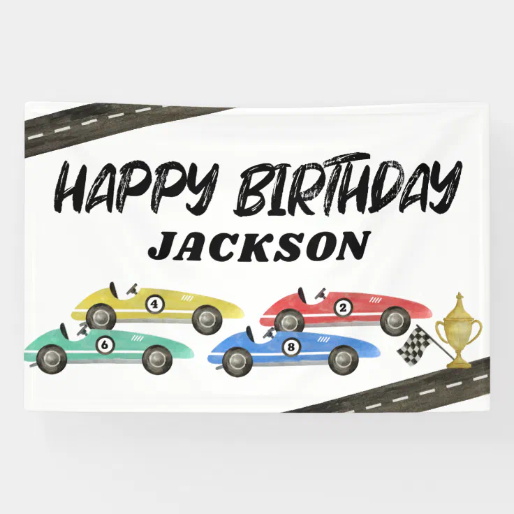 Retro Race Car Kids Birthday Banner Zazzle