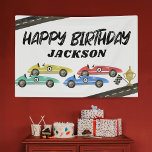 Retro Race Car Kids Birthday Banner<br><div class="desc">Boys racing car birthday party banner featuring a simple white background,  4 watercolor race cars,  roads,  checkered flag,  a trophy,  and a kids birthday celebration template that is easy to personalize.</div>