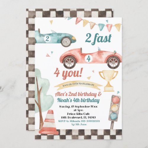 Retro Race Car Sibling Boys Birthday Invitation