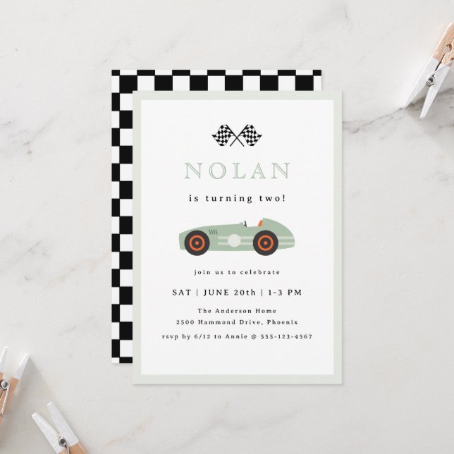 Retro Race Car Theme Birthday Invitation (Front/Back In Situ)