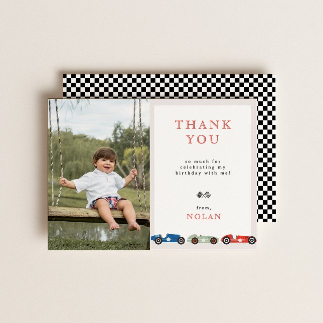Retro Race Car Theme Birthday Photo Thank You Card (Creator Uploaded)