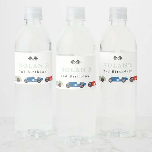 Retro Race Car Theme Birthday Water Bottle Label