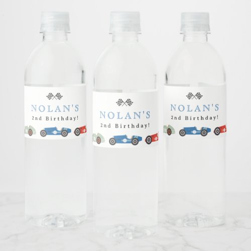 Retro Race Car Theme Birthday Water Bottle Label