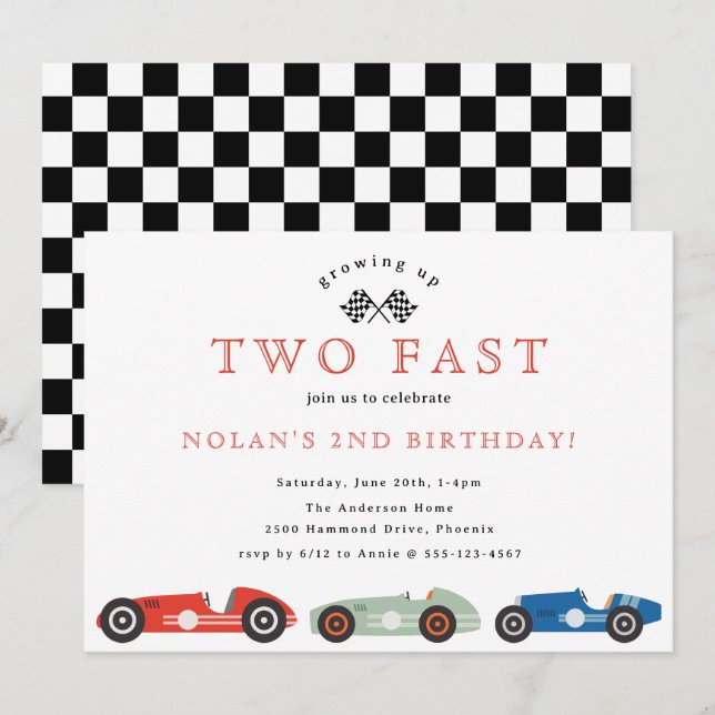 Retro Race Car Two Fast Theme Birthday Invitation (Front/Back)