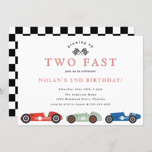 Retro Race Car Two Fast Theme Birthday Invitation