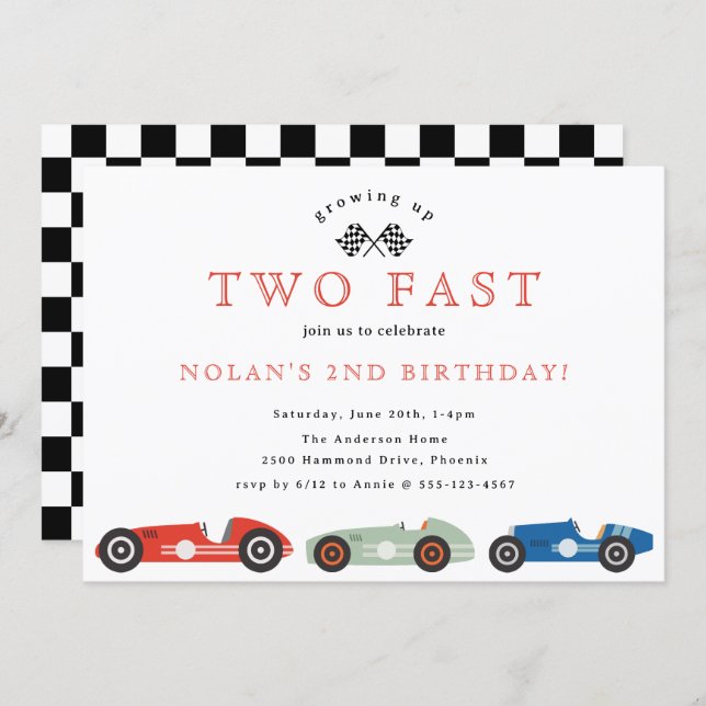 Retro Race Car Two Fast Theme Birthday Invitation (Front/Back)